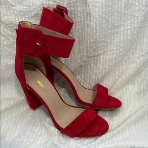 Fashion Nova Red Suede Block Heel Sandals with Ankle Strap